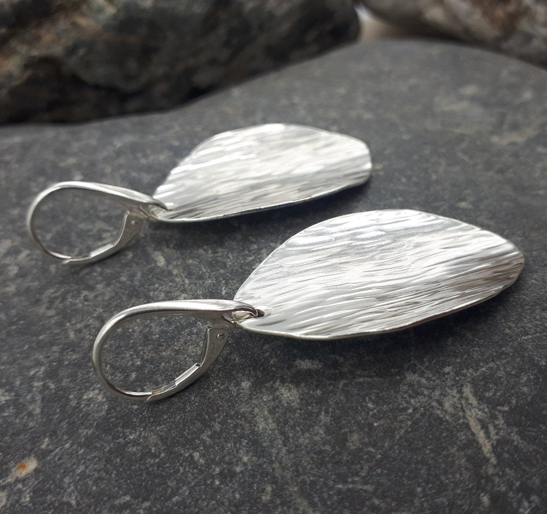 Large Sterling Silver Leaf Shape Bark Textured Earrings