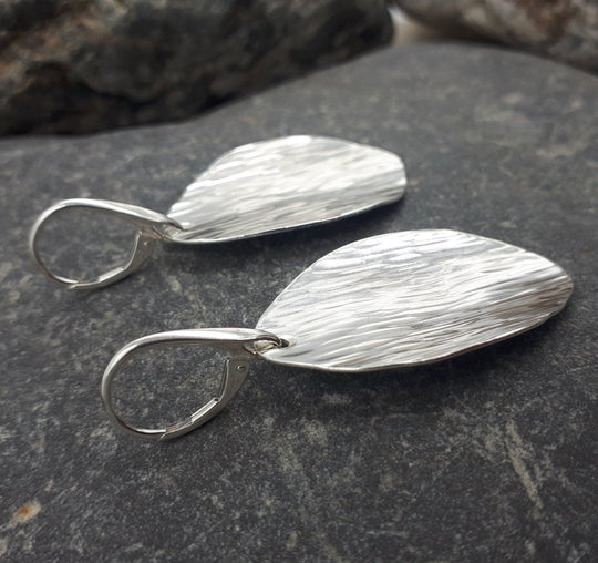 Large Sterling Silver Leaf Shape Bark Textured Earrings