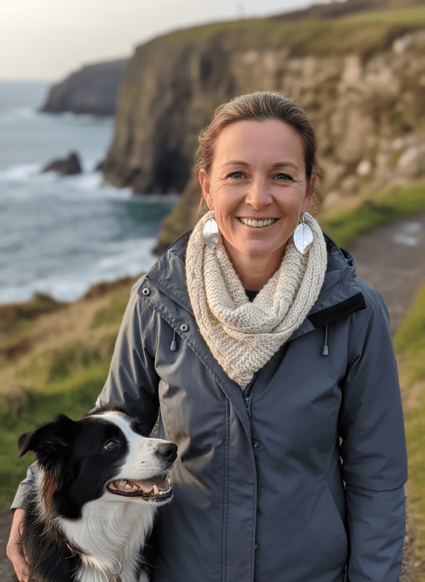 Woman wearing sterling silver leaf print earrings on Welsh coastal walk, nature-inspired handmade jewellery UK
