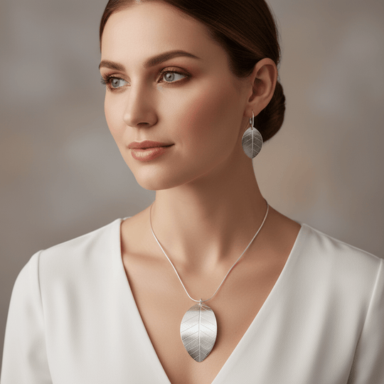 Leaf Textured Necklace and Earrings Set 