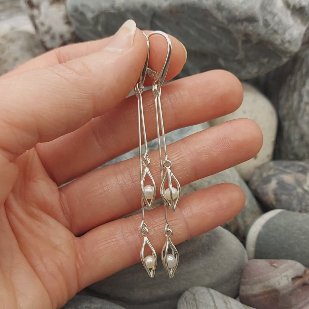 Handmade Sterling Silver Double Drop Seed Caged White Pearl Earrings | 925 Silver | Freshwater Cultured Pearls | Wedding Jewellery