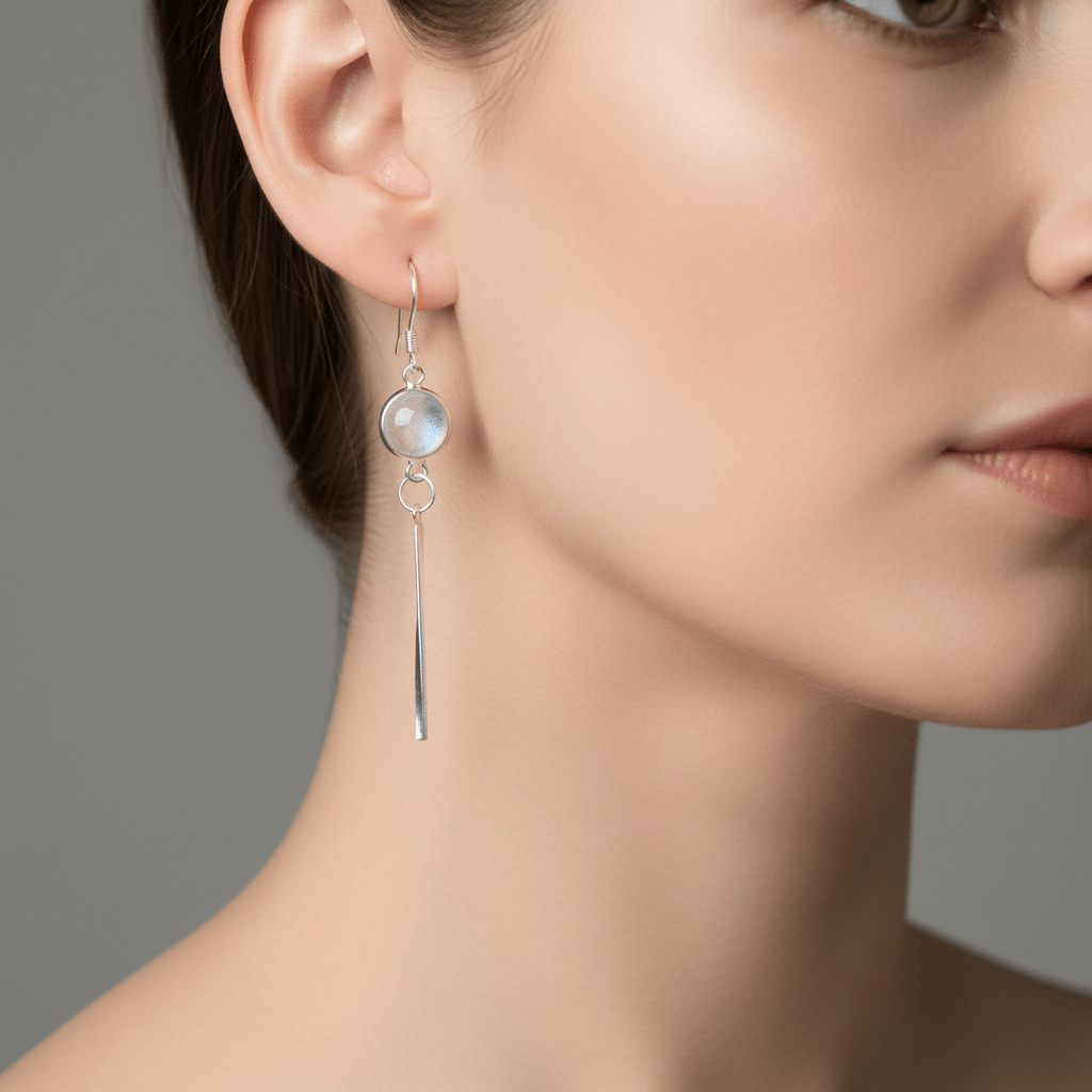 Model wearing moonstone tassel earrings