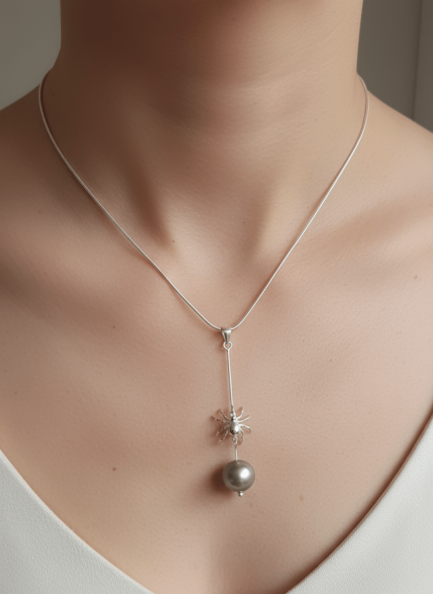 Model wearing sterling silver spider and pearl necklace