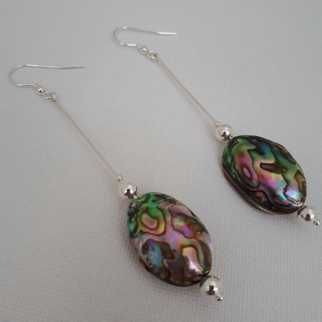 925 Sterling Silver Abalone Shell Long Drop Earrings. - JOANNE MASSEY ARTISAN JEWELLERY