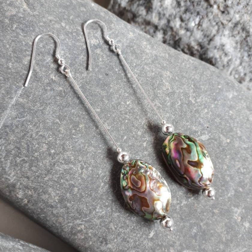 925 Sterling Silver Abalone Shell Long Drop Earrings. - JOANNE MASSEY ARTISAN JEWELLERY