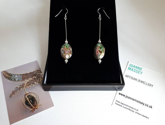 925 Sterling Silver Abalone Shell Long Drop Earrings. - JOANNE MASSEY ARTISAN JEWELLERY