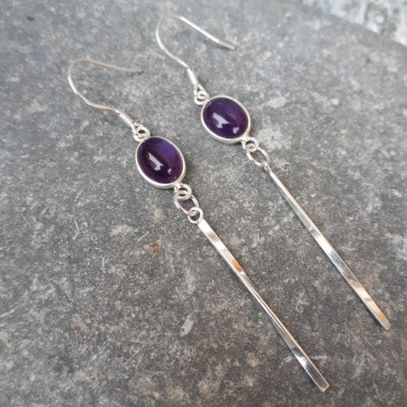 925 Sterling Silver Amethyst Oval Tassel Earrings. - JOANNE MASSEY ARTISAN JEWELLERY