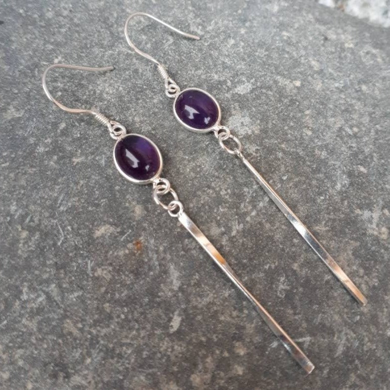 925 Sterling Silver Amethyst Oval Tassel Earrings. - JOANNE MASSEY ARTISAN JEWELLERY