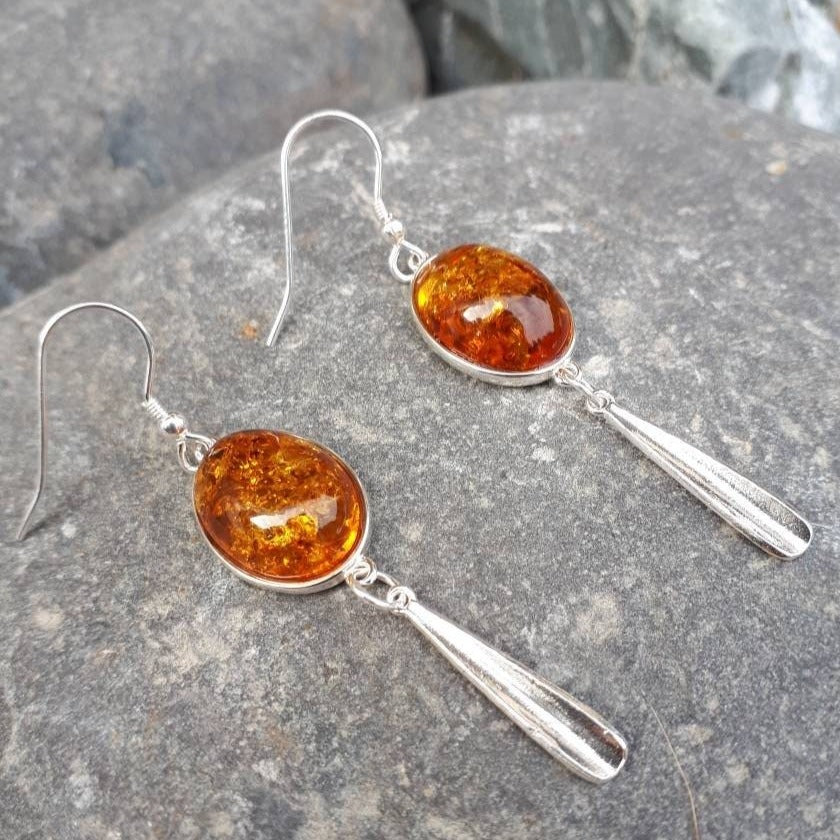 925 Sterling Silver Baltic Cognac Amber Oval Tassel Earrings. - JOANNE MASSEY ARTISAN JEWELLERY