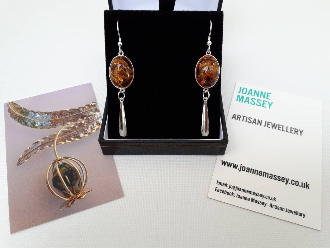 925 Sterling Silver Baltic Cognac Amber Oval Tassel Earrings. - JOANNE MASSEY ARTISAN JEWELLERY