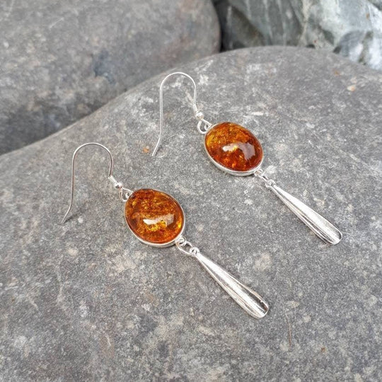 925 Sterling Silver Baltic Cognac Amber Oval Tassel Earrings. - JOANNE MASSEY ARTISAN JEWELLERY