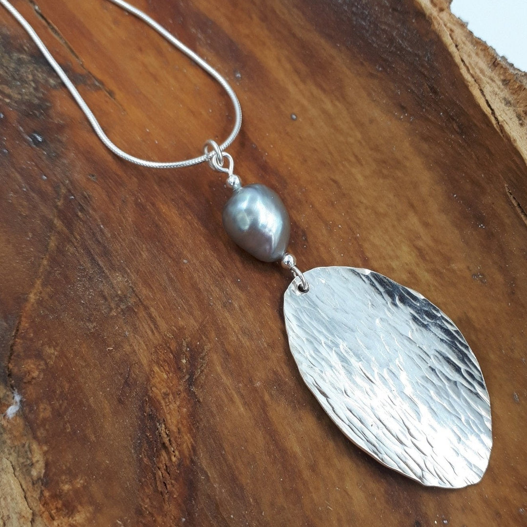 925 Sterling Silver Baroque Pearl & Hammered Leaf Necklace. - JOANNE MASSEY ARTISAN JEWELLERY