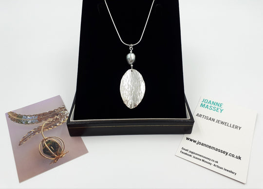 925 Sterling Silver Baroque Pearl & Hammered Leaf Necklace. - JOANNE MASSEY ARTISAN JEWELLERY