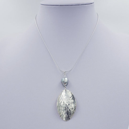 925 Sterling Silver Baroque Pearl & Hammered Leaf Necklace. - JOANNE MASSEY ARTISAN JEWELLERY