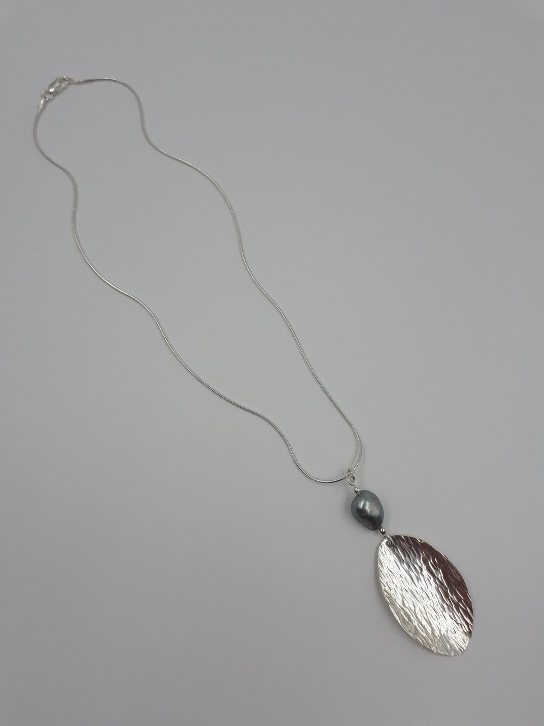 925 Sterling Silver Baroque Pearl & Hammered Leaf Necklace. - JOANNE MASSEY ARTISAN JEWELLERY