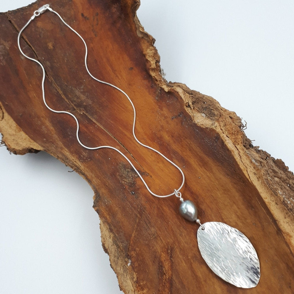 925 Sterling Silver Baroque Pearl & Hammered Leaf Necklace. - JOANNE MASSEY ARTISAN JEWELLERY