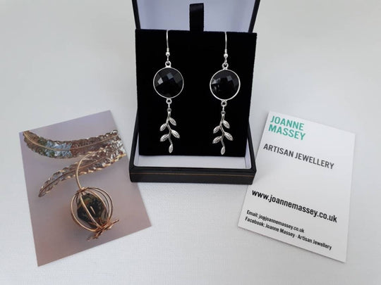 925 Sterling Silver Black Onyx & Leaf Earrings. - JOANNE MASSEY ARTISAN JEWELLERY