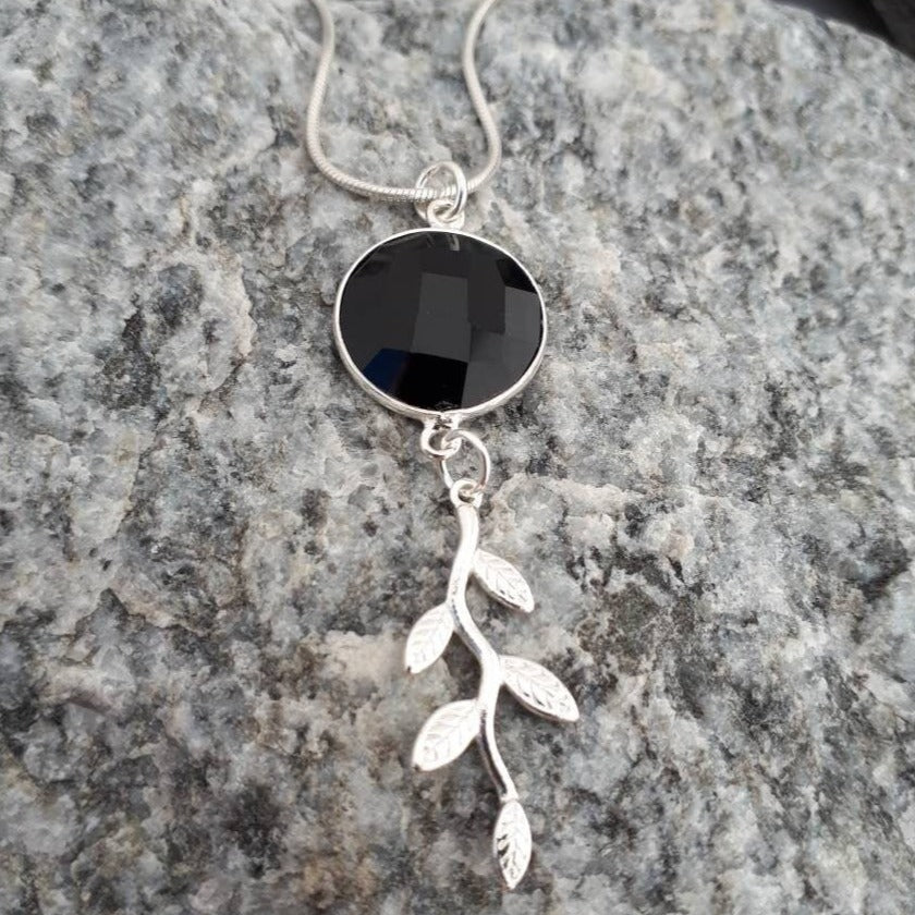 925 Sterling Silver Black Onyx & Leaf Necklace. - JOANNE MASSEY ARTISAN JEWELLERY