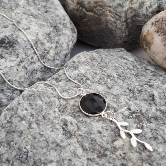 925 Sterling Silver Black Onyx & Leaf Necklace. - JOANNE MASSEY ARTISAN JEWELLERY