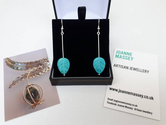 925 Sterling Silver Blue Magnesite Carved Leaf Earrings. - JOANNE MASSEY ARTISAN JEWELLERY