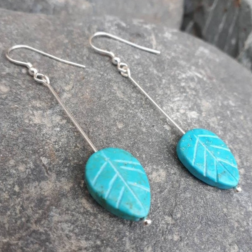 925 Sterling Silver Blue Magnesite Carved Leaf Earrings. - JOANNE MASSEY ARTISAN JEWELLERY