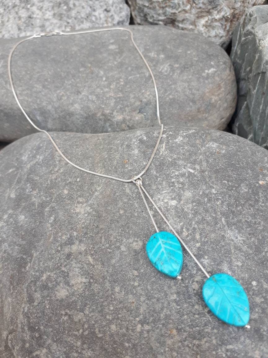 925 Sterling Silver Blue Magnesite Carved Leaf Necklace. - JOANNE MASSEY ARTISAN JEWELLERY