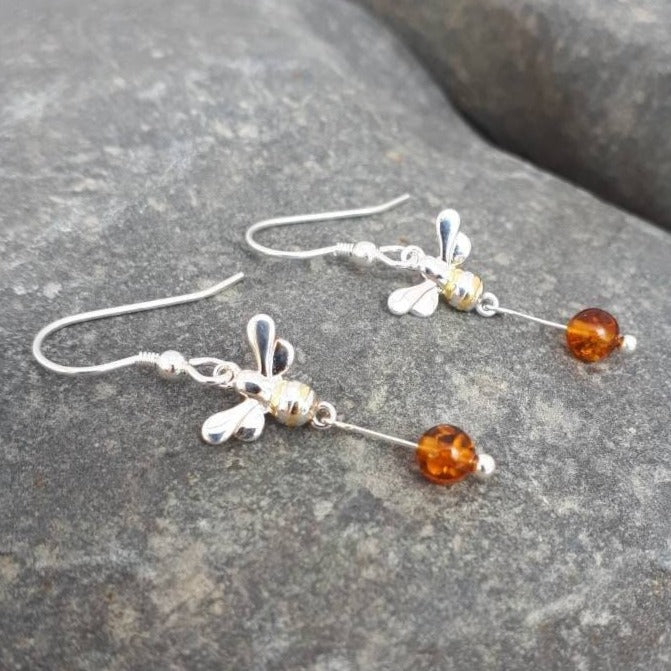 925 Sterling Silver Bumble Bee & Baltic Amber Earrings. - JOANNE MASSEY ARTISAN JEWELLERY