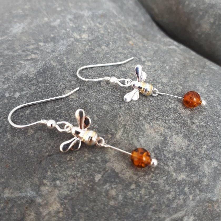 925 Sterling Silver Bumble Bee & Baltic Amber Earrings. - JOANNE MASSEY ARTISAN JEWELLERY