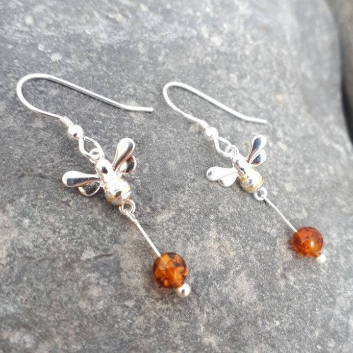 925 Sterling Silver Bumble Bee & Baltic Amber Earrings. - JOANNE MASSEY ARTISAN JEWELLERY