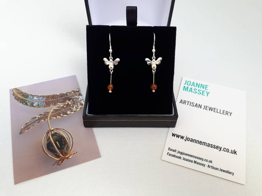 925 Sterling Silver Bumble Bee & Baltic Amber Earrings. - JOANNE MASSEY ARTISAN JEWELLERY