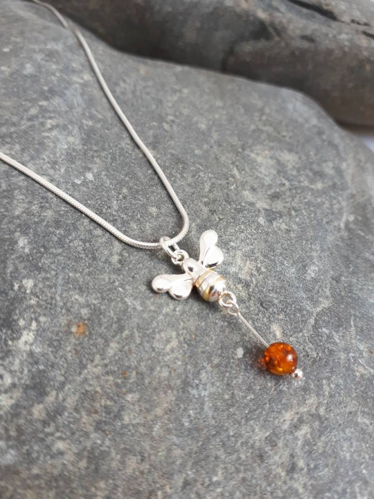 925 Sterling Silver Bumble Bee & Baltic Amber Necklace. - JOANNE MASSEY ARTISAN JEWELLERY