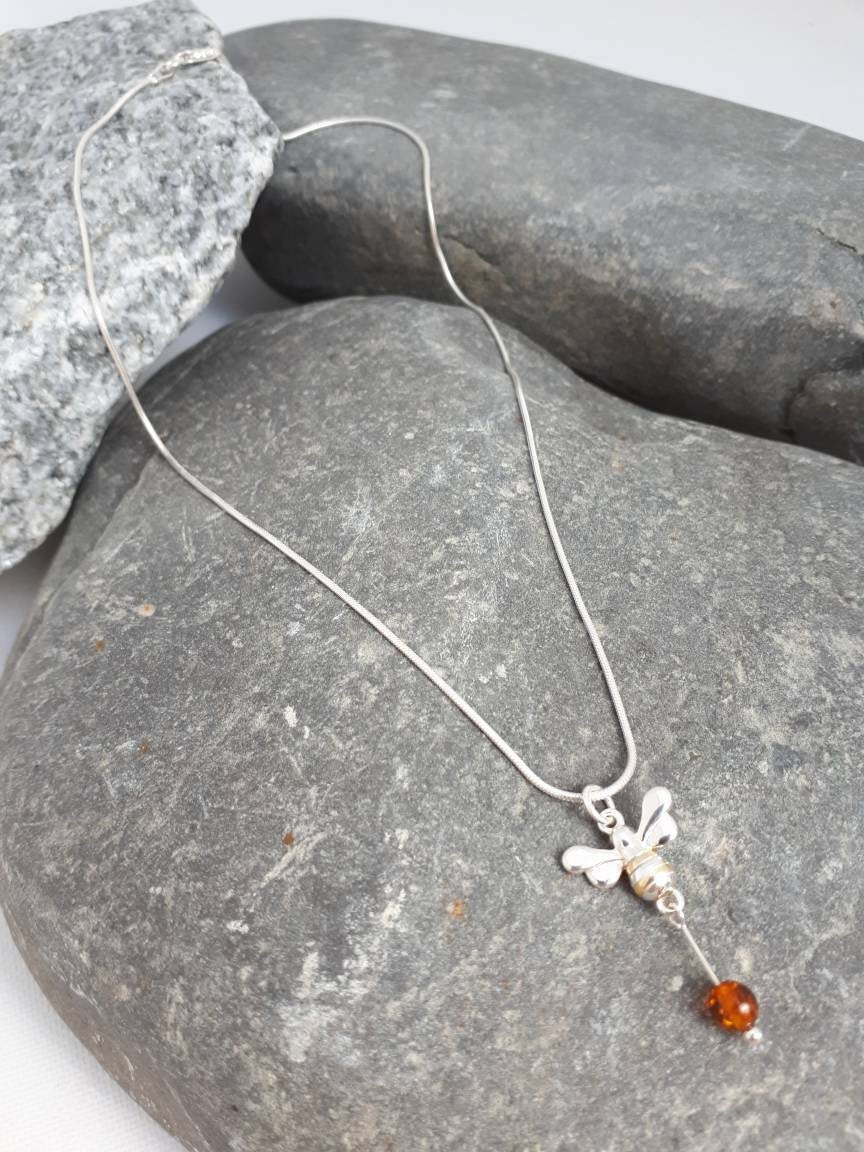 925 Sterling Silver Bumble Bee & Baltic Amber Necklace. - JOANNE MASSEY ARTISAN JEWELLERY