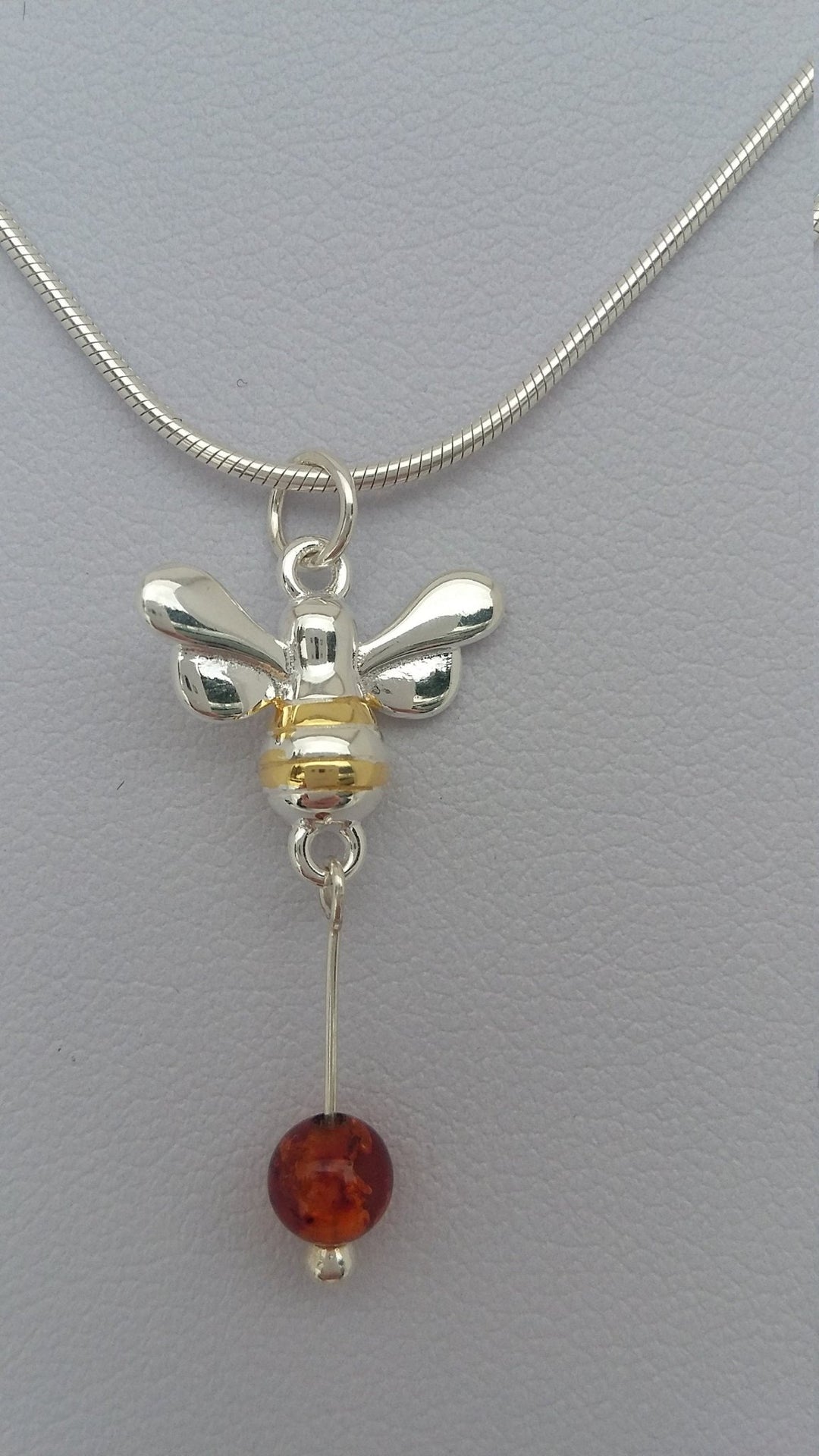 925 Sterling Silver Bumble Bee & Baltic Amber Necklace. - JOANNE MASSEY ARTISAN JEWELLERY