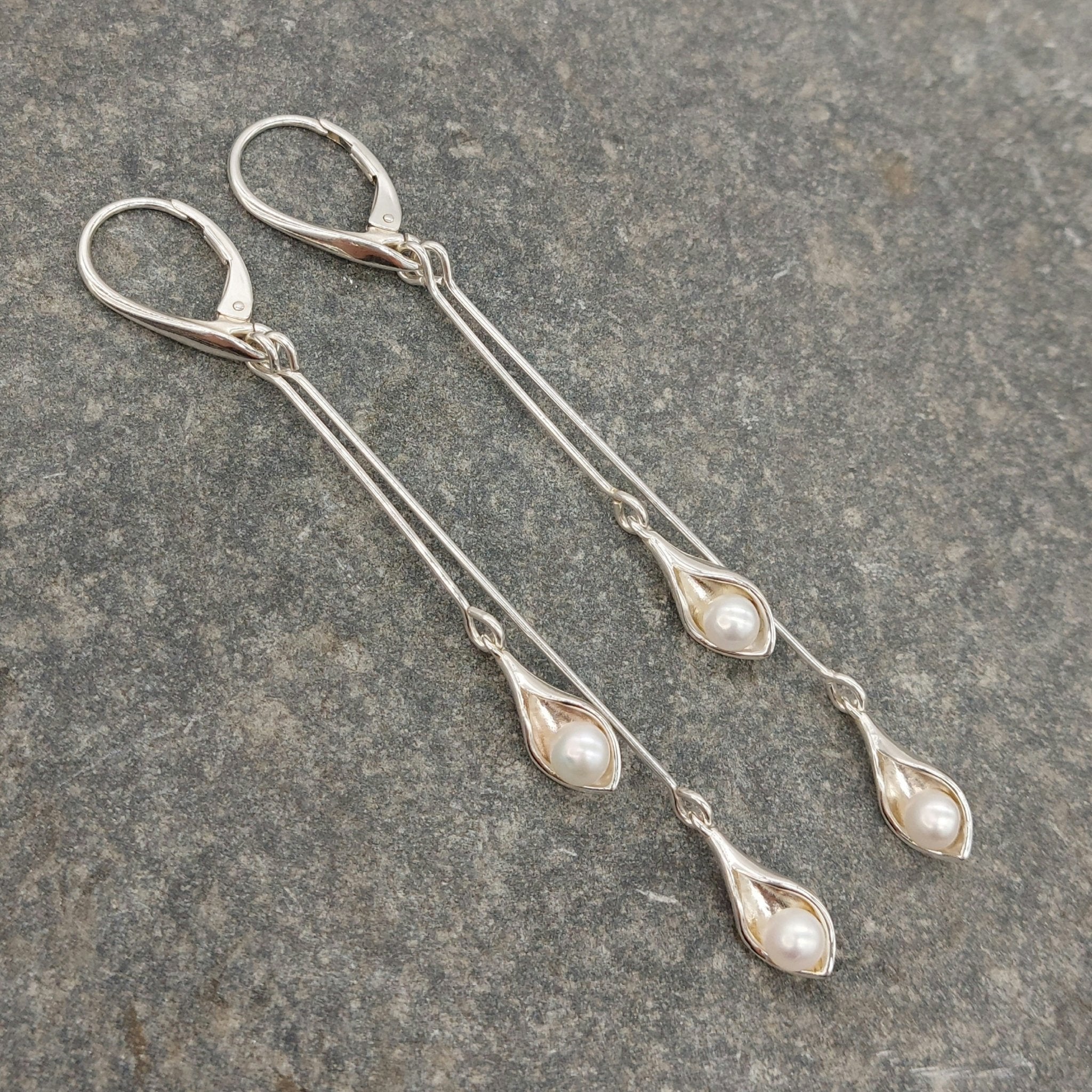 925 Sterling Silver Calla Lily Pearl Earrings - JOANNE MASSEY ARTISAN JEWELLERY