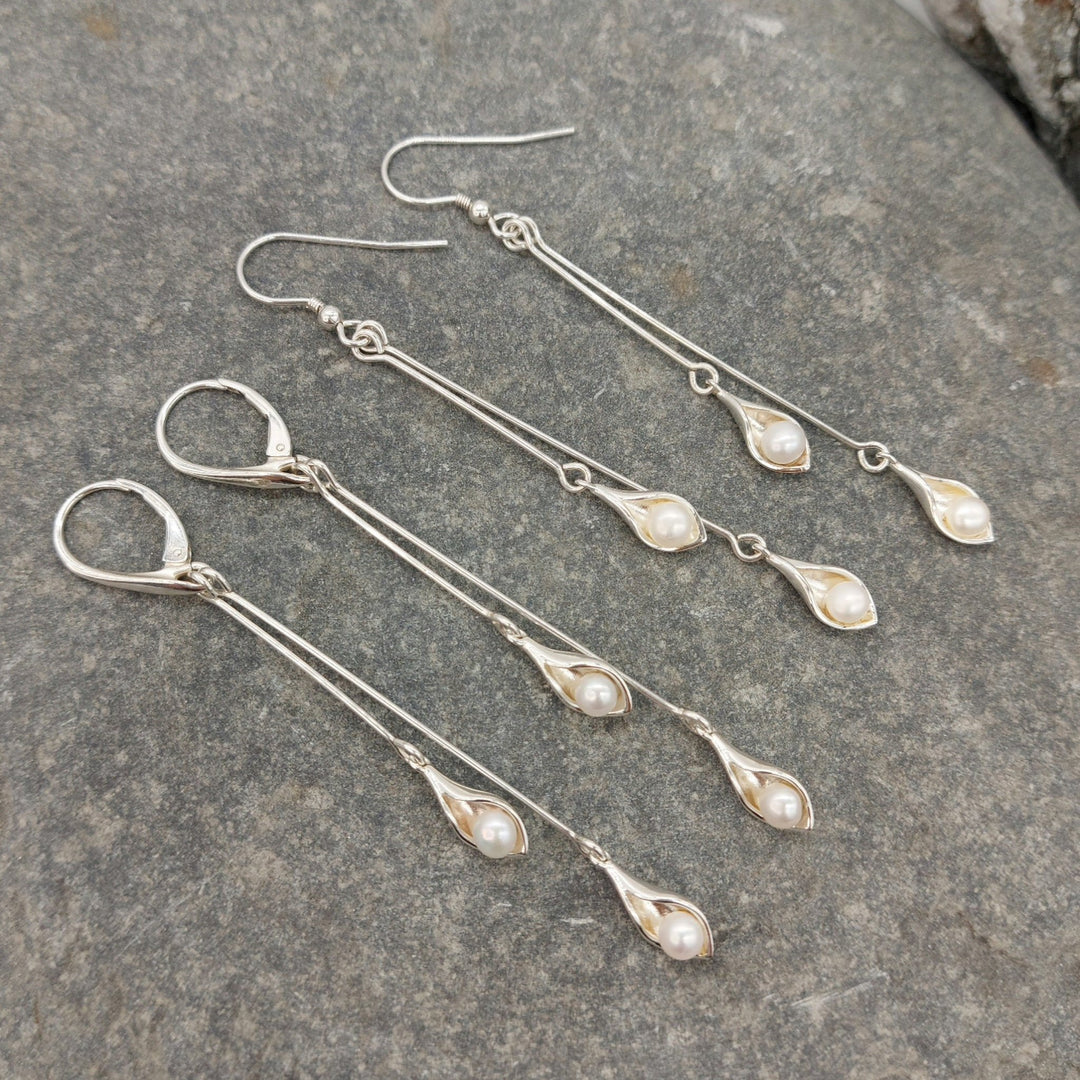 925 Sterling Silver Calla Lily Pearl Earrings - JOANNE MASSEY ARTISAN JEWELLERY