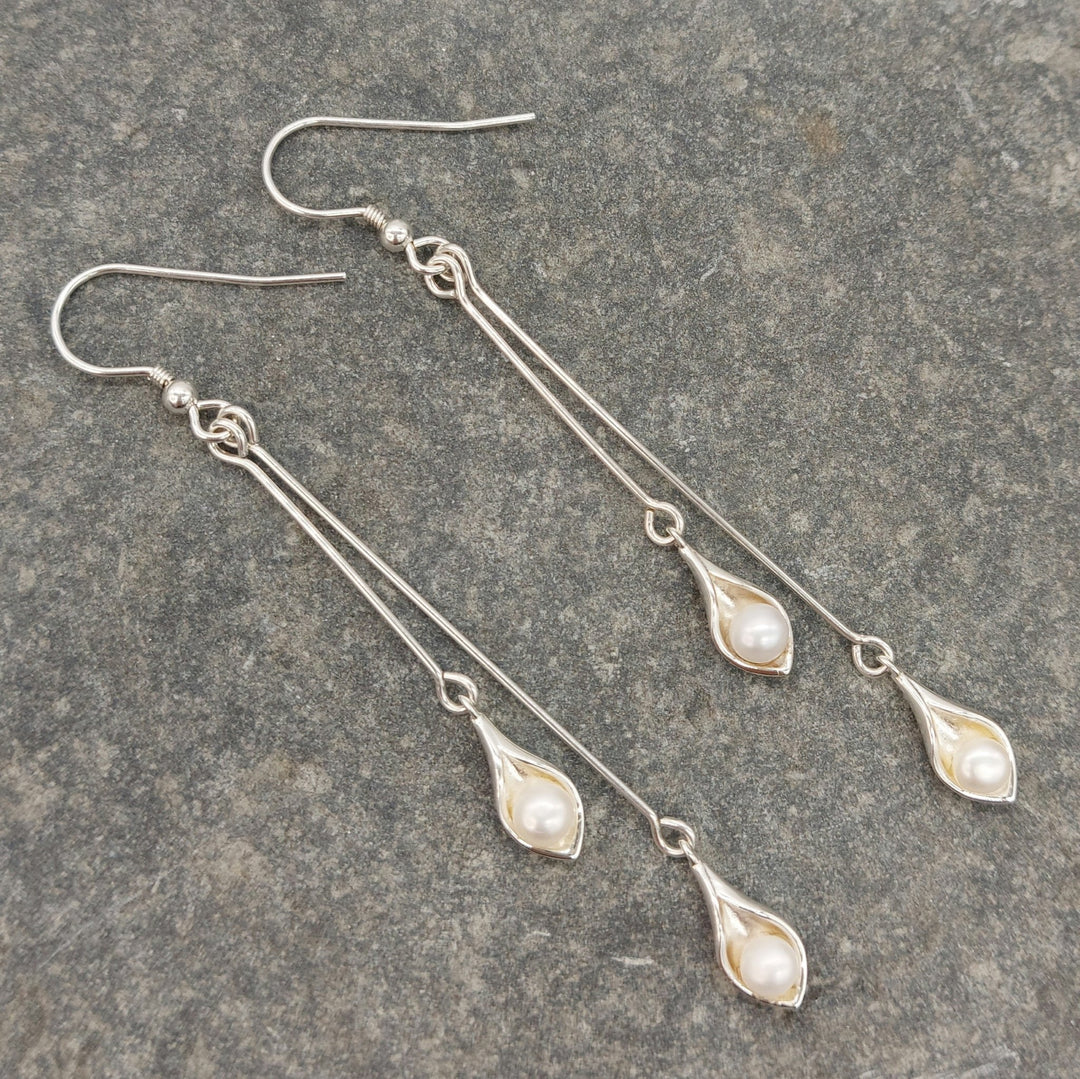 925 Sterling Silver Calla Lily Pearl Earrings - JOANNE MASSEY ARTISAN JEWELLERY