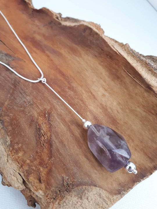 925 Sterling Silver Chunky Amethyst Nugget Long Drop Necklace. - JOANNE MASSEY ARTISAN JEWELLERY