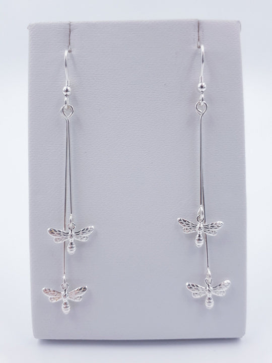 925 Sterling Silver Double Bee Long Drop Earrings. - JOANNE MASSEY ARTISAN JEWELLERY