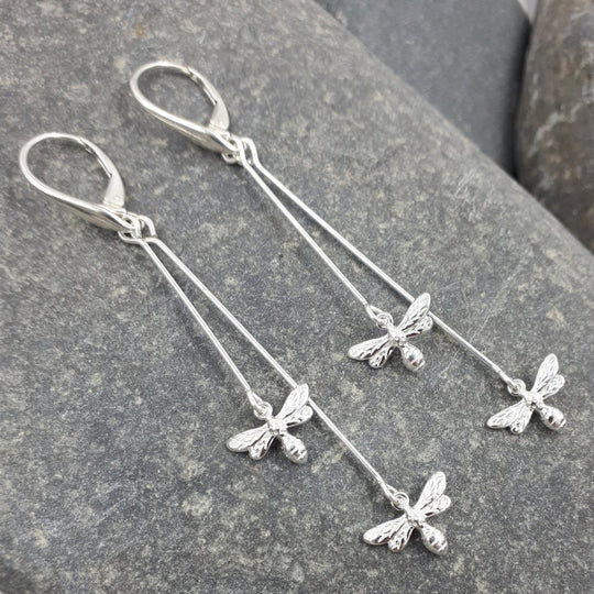 925 Sterling Silver Double Bee Long Drop Earrings. - JOANNE MASSEY ARTISAN JEWELLERY