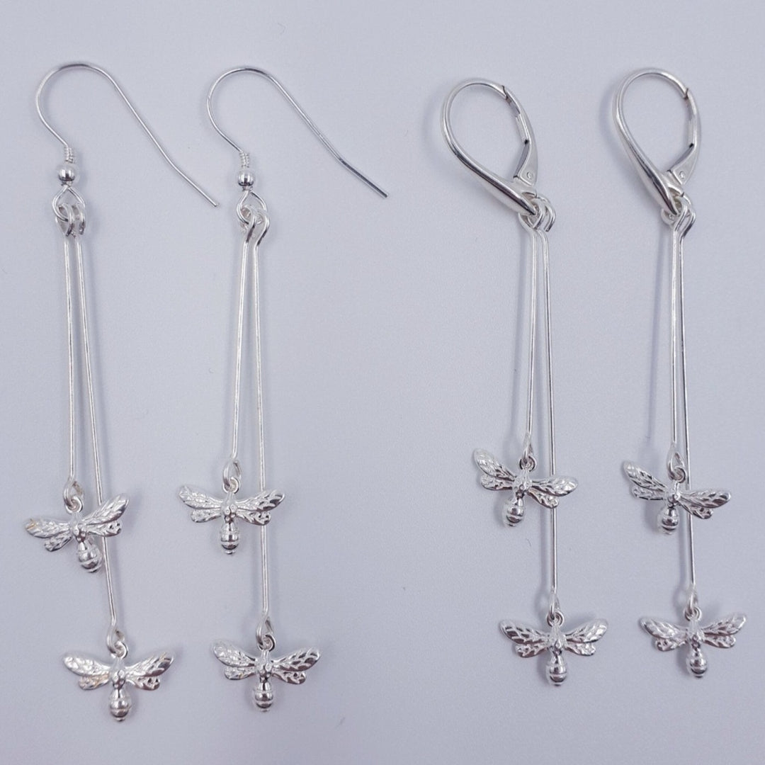 925 Sterling Silver Double Bee Long Drop Earrings. - JOANNE MASSEY ARTISAN JEWELLERY