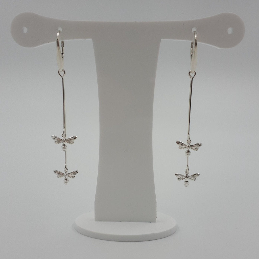 925 Sterling Silver Double Bee Long Drop Earrings. - JOANNE MASSEY ARTISAN JEWELLERY