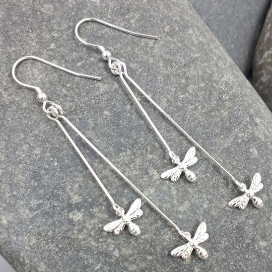 925 Sterling Silver Double Bee Long Drop Earrings. - JOANNE MASSEY ARTISAN JEWELLERY