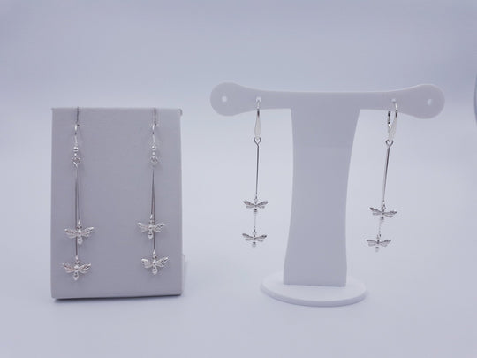 925 Sterling Silver Double Bee Long Drop Earrings. - JOANNE MASSEY ARTISAN JEWELLERY