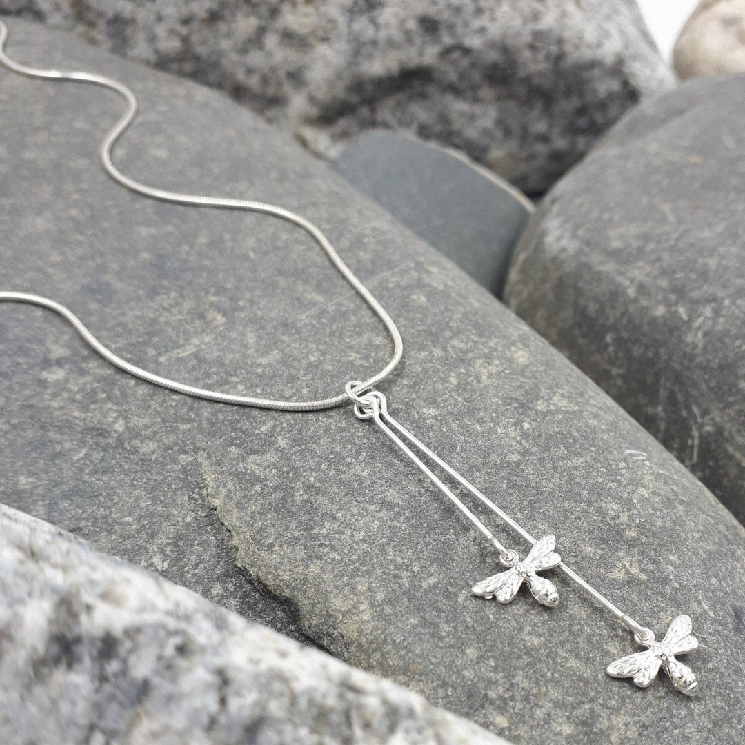 925 Sterling Silver Double Bee Long Drop Necklace. - JOANNE MASSEY ARTISAN JEWELLERY