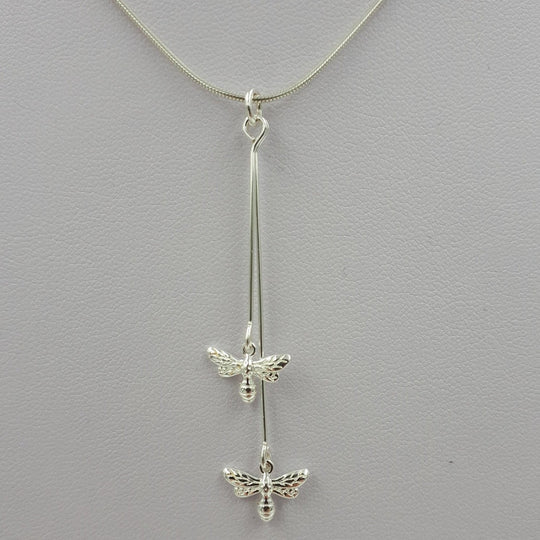 925 Sterling Silver Double Bee Long Drop Necklace. - JOANNE MASSEY ARTISAN JEWELLERY