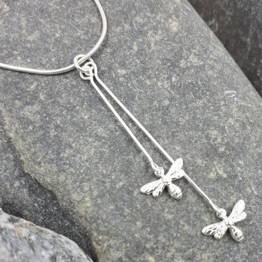 925 Sterling Silver Double Bee Long Drop Necklace. - JOANNE MASSEY ARTISAN JEWELLERY