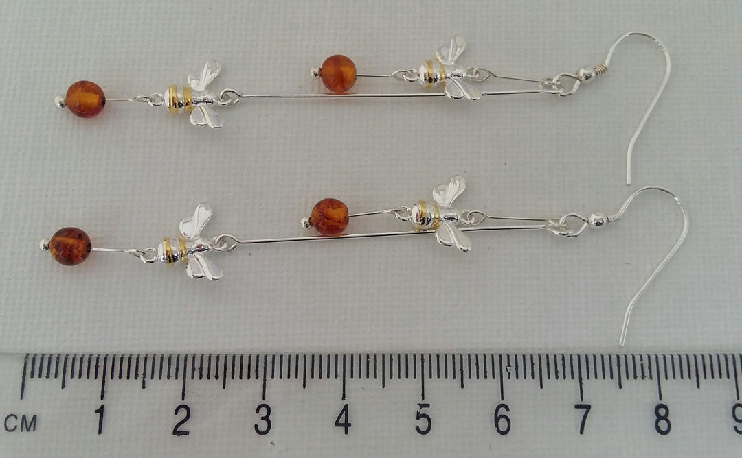 925 Sterling Silver Double Bumble Bee & Baltic Amber Earrings. - JOANNE MASSEY ARTISAN JEWELLERY