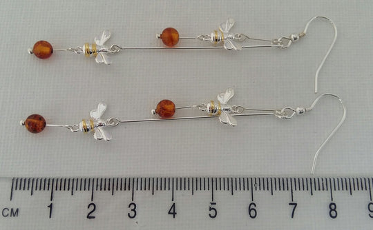 925 Sterling Silver Double Bumble Bee & Baltic Amber Earrings. - JOANNE MASSEY ARTISAN JEWELLERY