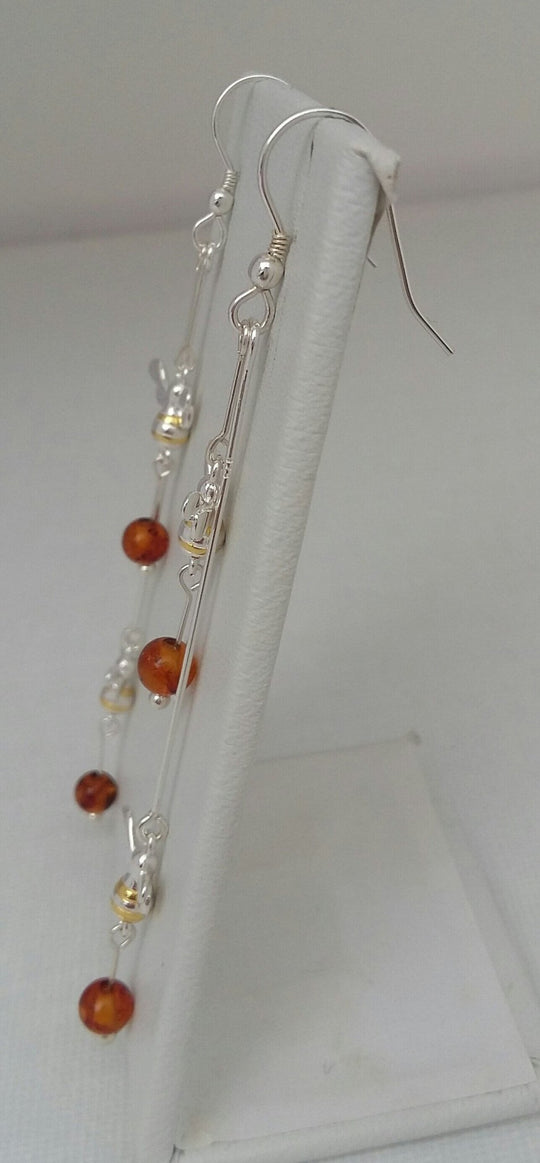 925 Sterling Silver Double Bumble Bee & Baltic Amber Earrings. - JOANNE MASSEY ARTISAN JEWELLERY