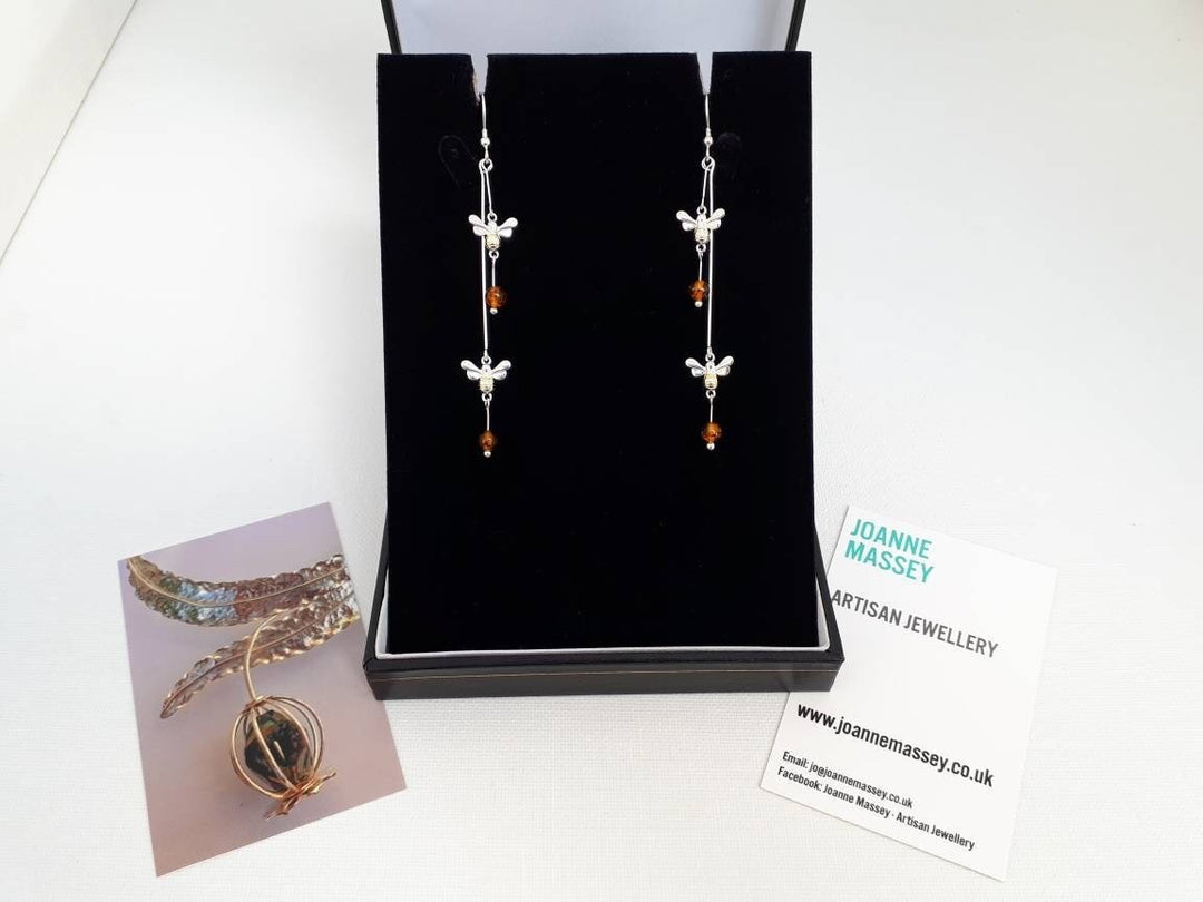 925 Sterling Silver Double Bumble Bee & Baltic Amber Earrings. - JOANNE MASSEY ARTISAN JEWELLERY